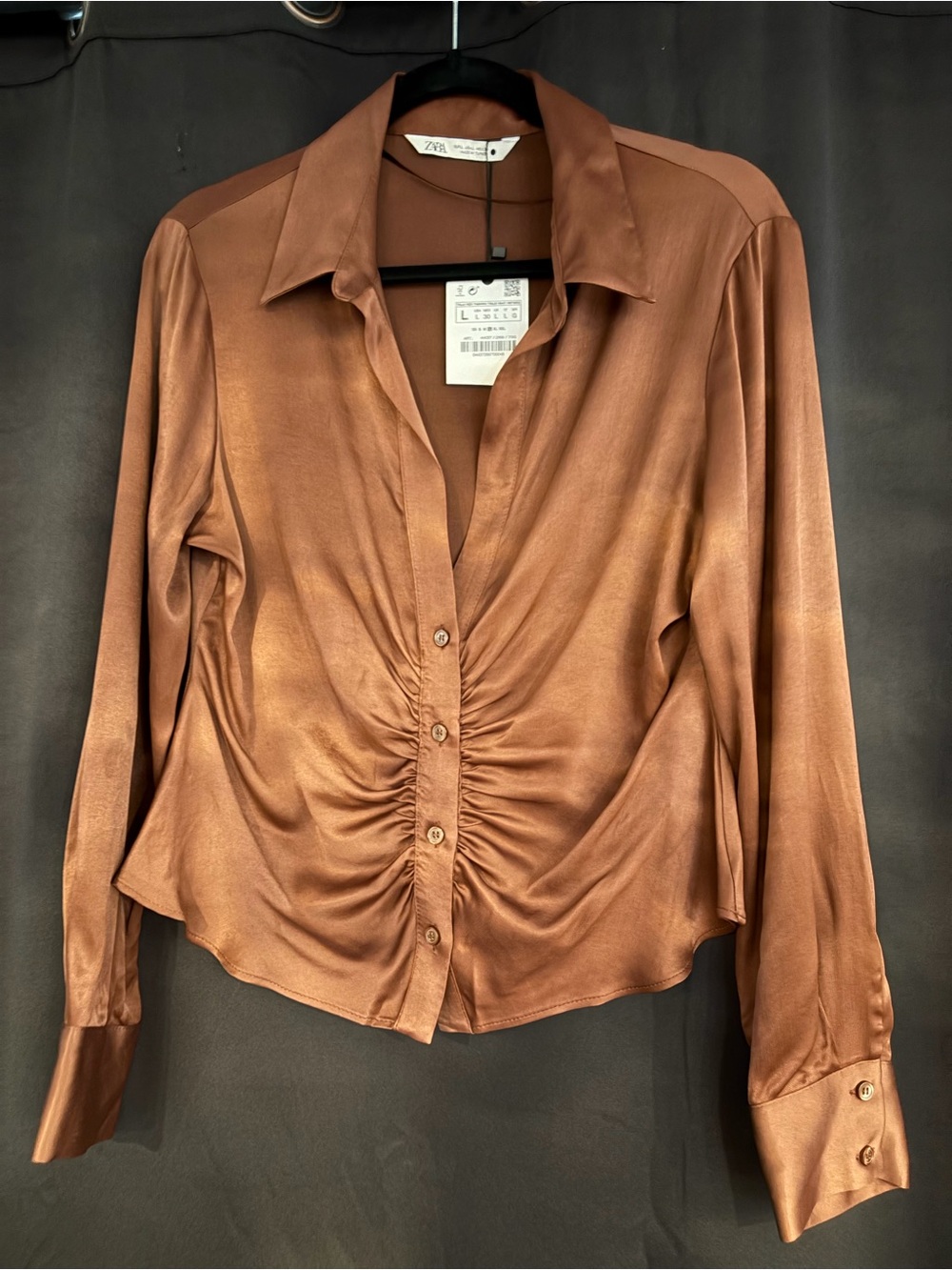 Zara Ruched Button-Down Shirt in Copper Brown